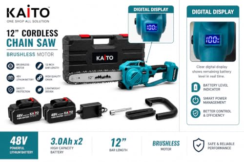Image of KAITO 48 V Cordless Chainsaw Machine | Brushless Motor | 12-Inch Guide Bar | 8300 RPM | 2 x 3.0 Ah Batteries | Tree Cutter Tool | Wood Cutting Machine for Home | Wood Cutter Tool Machine