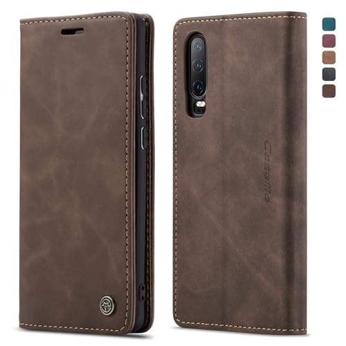 owlhold Handyhülle für Huawei P30 Hülle Premium Lederhülle Weiches Vintage-Nubukleder Faltbare Ständer Schutzhülle Kartenfach Standfunktion stoßfest flip case Huawei P30 -Kaffee