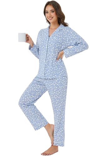 Image of LUBOT 100% Cotton Pajamas for Women Pajama Set 2 Piece PJ Sleepwear Set Soft Ladies Button Knit Long Sleeve Loungewear XS-XXL