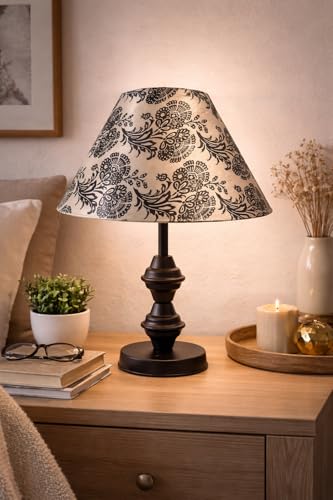 Image of Modern Table Lamp with Midnight Paisley Bloom Satin Shade | Metal Iron Base Decorative lamp for Living Room| Decorative Lighting for Living Room, Study & Home Decor, Designer Table Lamp for Gifting