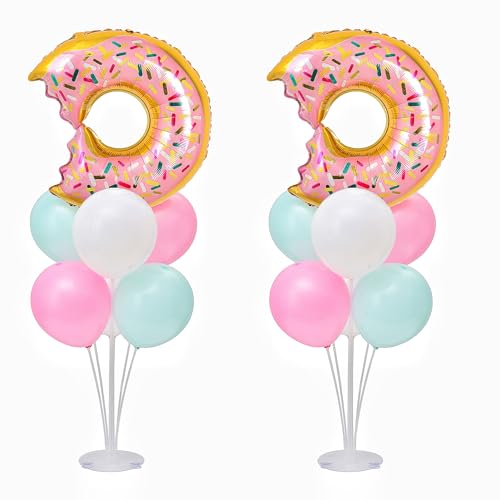 Donut Balloon Table Centerpiece Stand Kit 2 Sets for Table with 2 Doughnut Foil Balloons 14 Latex Pastel Balloons for Donut Party Decorations Pastel Birthday Party Baby Shower Decorations by Zyloon - Used condition - US$10.53