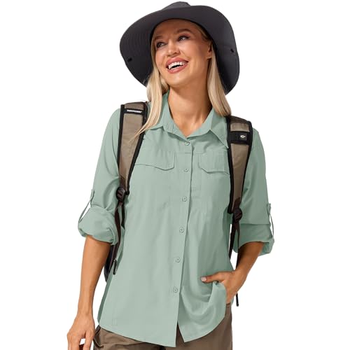 Womens Sun Protection Safari Shirts UPF 50+ UV Long Sleeve Outdoor Cool Quick Dry Fishing Hiking Shirts (5083 Bean Green L) by Jessie Kidden - Used condition - US$24.36