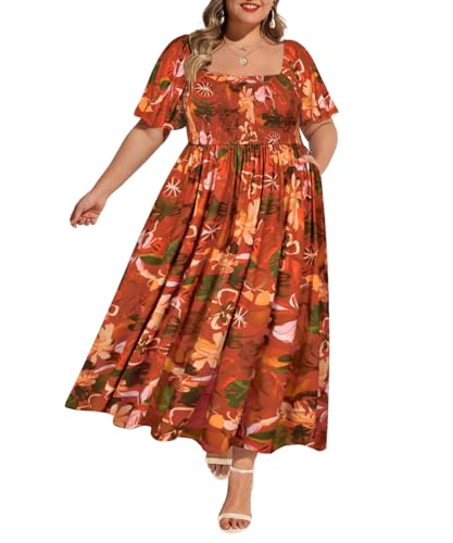 Image of RITERA Plus Size Dresses for Curvy Women Square Neck Short Sleeve Summer Floral Smocked Maxi Dress with Pocket XL-5XL