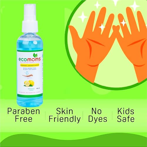 Image of Ecomoms Hand Sanitizer 100ml 99.99% Effective Against Germs -75% Alcohol | Skin Friendly and Safe for Kids | Instant Germ-Free Protection (100ml, Pack of 16) (Pack of 16)