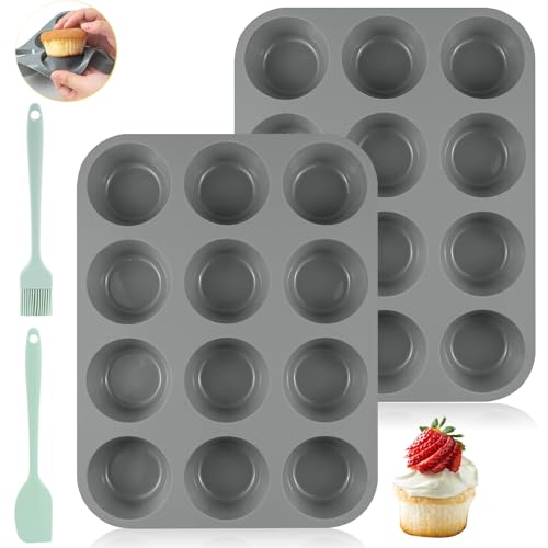 2 Pack Silicone Muffin Trays, 12 Cup Silicone Cupcake Tray Muffin Moulds, Non-Stick Muffin Cupcake Tin, Baking Tray for Cupcakes Yorkshire Pudding, Muffin Tin with Scraper and Oil Brush
