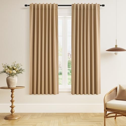 Guken 100% Blackout Linen Curtains 63 Inch Long for Bedroom Camel Brown