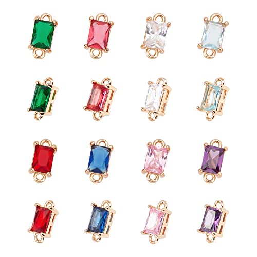 arricraft 16 Pcs 8 Colors Glass Links Connectors, Rectangle Crystal Glass Connectors Rhinestone Faceted Pendants with Brass Findings for Jewellery Crafting