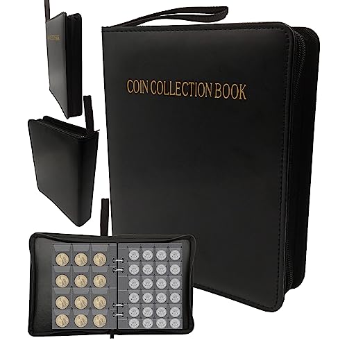coin collection album,coin collection holder,coins collections book for coins storage of 480 (10 pages 3 cm,240 compartments + 10 pages 4 cm,120 compartments) with zip + handstrap