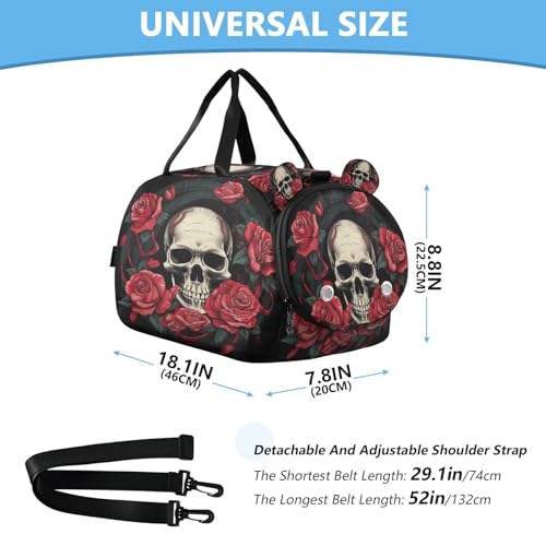 YETTASBIN Sport Travel Duffel Bag for Girls Boys, Skull Rose Large Waterproof Weekender Overnight Bag, Detachable Shoulder Strap Gym Bag with Shoe Compartment & Wet Pocket3