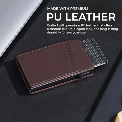 Image of VOGARD Pop-Up Card Holder for Men, RFID Blocking Slim Aluminium Case with Premium PU Leather, Automatic Card Ejector, Front Pocket Design (Brown)