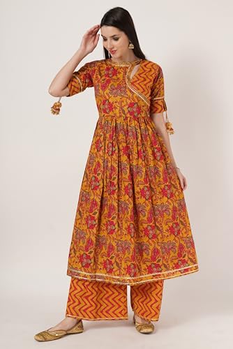 Image of COTLAND Fashions Breathable Cotton Floral Printed A-Line Kurta Set With Palazzo for Women