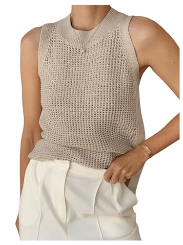 Image of SweatyRocks Women's Hollow Out Sleeveless Knit Top Crewneck Split Sweater Vest Khaki X-Large