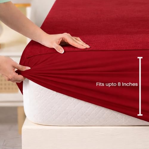 Image of Mattress Protector King Size, Terry Cotton Waterproof Bed Protector King Size, 78x72x8 Inch, Breathable Noiseless Ultra Soft, Elastic Fitted Mattress Cover | Bed Cover (Red)