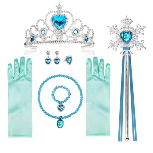 Vicloon Princesa Vestir Accesorios, 9Pcs Princesa Elsa Disfraz Accesorios, Elsa Joyas para Niñas Carnaval Fiesta, Trenza, Collar, Pulsera, Corona, Varita Mágica, Guantes, Anillo, Pendientes