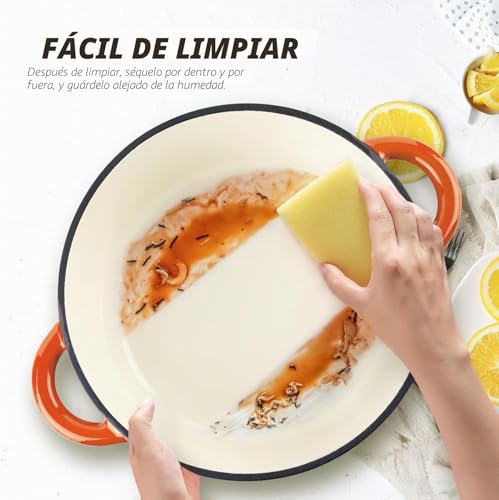 Miniatura 9 de Overmont Olla De Hierro Fundido - Antiadherente Cacerola Holandesa De Esmaltado Con Tapa - Ø26 Cm Redonda Cacerola Holandesa Para Cocinas De Inducción - Naranja