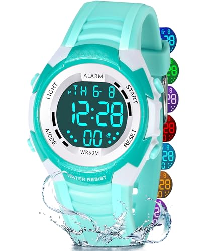 Image of Ayybboo Kids Digital Watch for Boys and Girls,7-Color LED Backlight,3ATM Water Resistant,Alarm Stopwatch,Sporty Outdoor Children's Watch Gift (Green)