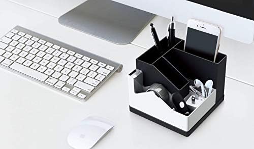 EXERZ Desk Organiser/Pen Holder/Desk Tidy/Swivel Rotating 360° with Stationery including: Adhesive Tape with dispenser, Scissors, Stapler, Staples, Pens, Ruler, Eraser (EX118 White/Black)