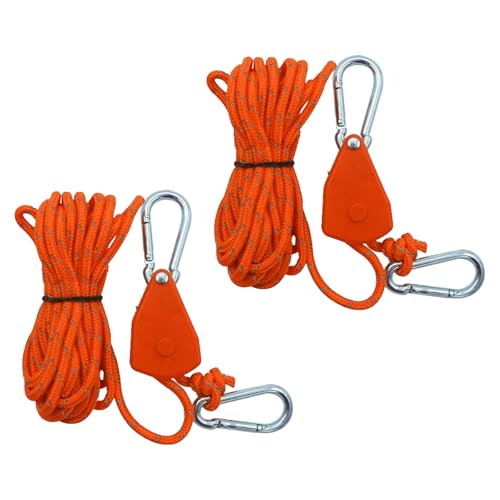 2Pcs Reflective Tent Guy Ropes,4m Tent Camping Cord with Pulley,4mm Cord Ratchet Rope Adjustable Heavy Duty Rope Hanger for Plant Grow Room Awning Outdoor Camping Gazebo Hiking Picnics (Orange, 4)