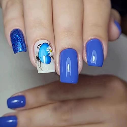 JUSTOTRY 24 uñas postizas postizas francesas cuadradas con flores, uñas postizas francesas azules marinas, uñas postizas para pegar con pegamento, uñas postizas acrílicas cuadradas para mujeres