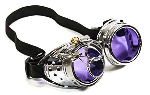 Silver Steampunk Victorian Style Goggles Colored Lenses & Ocular Loupe Mad Scientist (Purple)