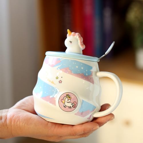Image of Spooky Unicorn Ceramic Mug with Lid and Spoon - 400ml Cartoon Coffee Cup for Kids, Girls & Women - Gift for Birthday, Office, Christmas, Valentine's Day - Ins-Style Animal Tea Mug (Blue)