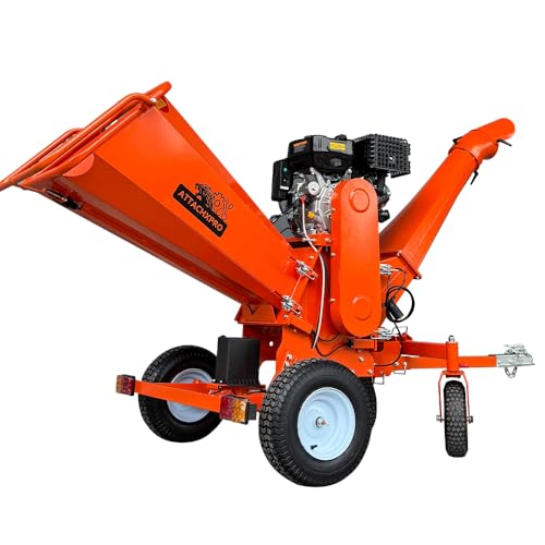 18HP 6 Inch 420cc Gas Powered Wood Chipper Shredder Mulcher, 4-Wheels Towable Wood Chipper Leaf & Branch Shredder with Towbar, Emergency Stop Button, Max Chipping Capacity for Wood Pellets (orange)