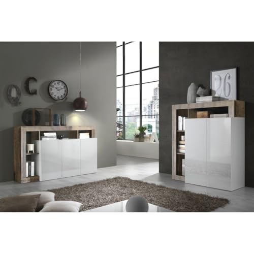 Credenza Alta A 2 Ante, Collezione Bura, Color Bianco Lucido Laccato E Rovere Chiaro. - 7