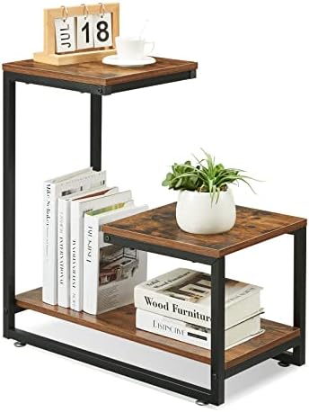 WISOICE Side Table End Table, G Shaped Narrow Nightstand with 3-Tier Accent Decorative Ladder Shelf, Sofa Small Side Table Plant Stand, Metal Frame for Living Room, Bedroom, Balcony, Rustic Brown