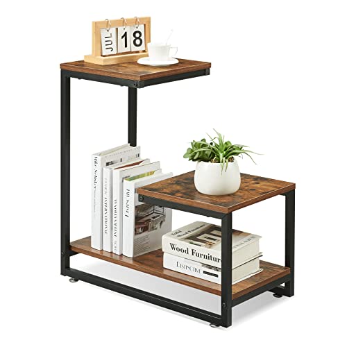 Wisoice Side Table End Table, G Shaped Narrow Nightstand With 3-Tier Accent Decorative Ladder Shelf, Sofa Small Side Table Plant Stand, Metal Frame For Living Room, Bedroom, Balcony, Rustic Brown #TOP2