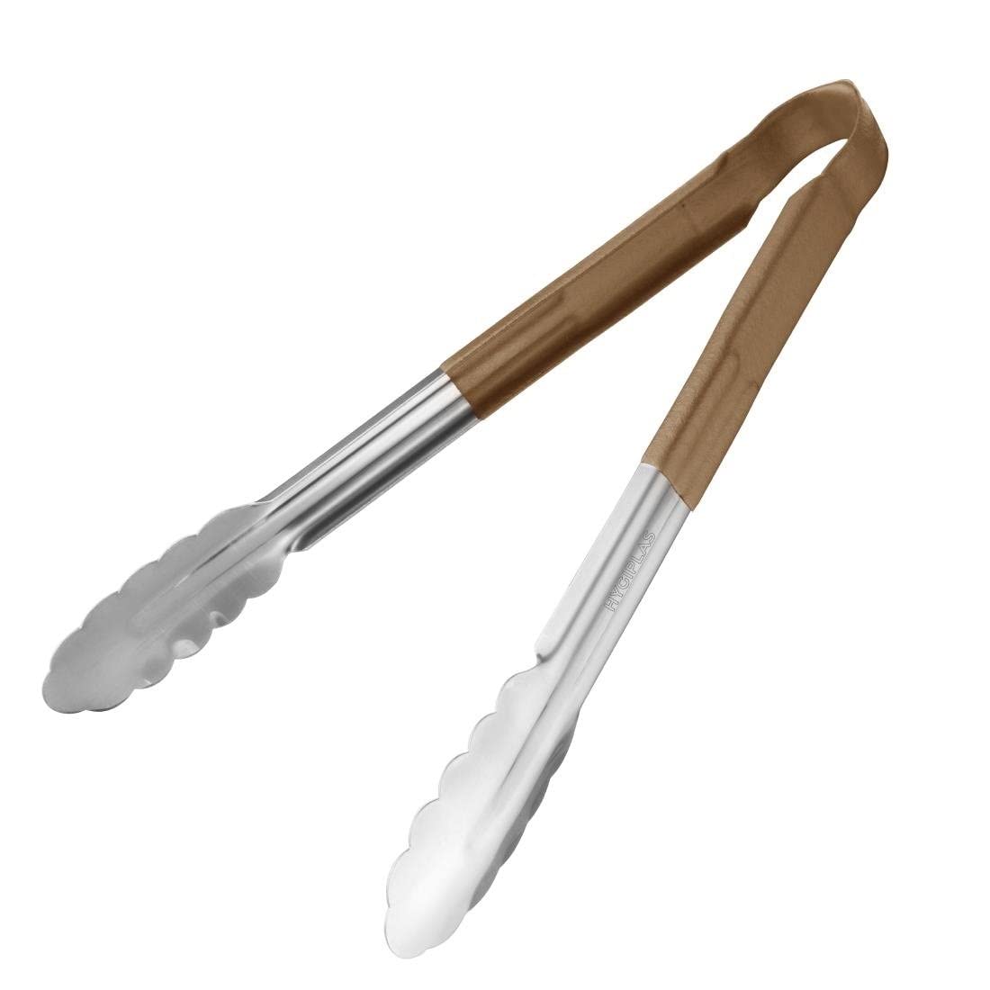 Hygiplas Pro-Grade Kitchen Serving Tongs 300mm, Brown Colour Coded - For Use With Serving Vegetables, Stainless Steel, Vinyl Coated Handles | CB156