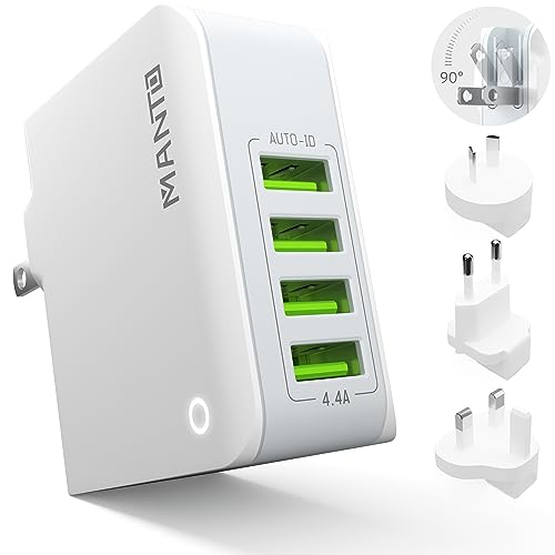 MANTO Adaptador de Viaje Internacional – Enchufe Universal para US, UK, EU, AU, 4 Puertos USB A, Carga Rápida 4.4A/22W, Compatible con iPhone, Samsung, iPad...y