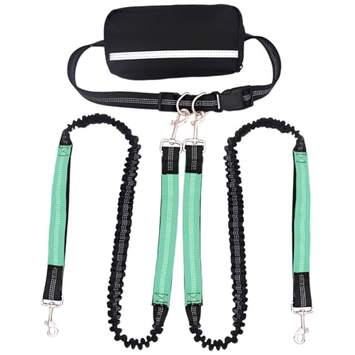 Sacolin Bungee Double Dog Leash, Hands Free with Pouch, Adjustable Waist Belt, Reflective, Anti-Pester for 2 Dogs, Heavy Duty Nylon, Green.