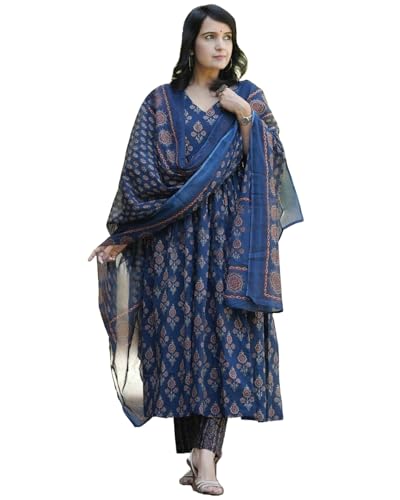 Image of GoSriKi Women's Rayon Blend Printed Anarkali Kurta with Pant & Dupatta