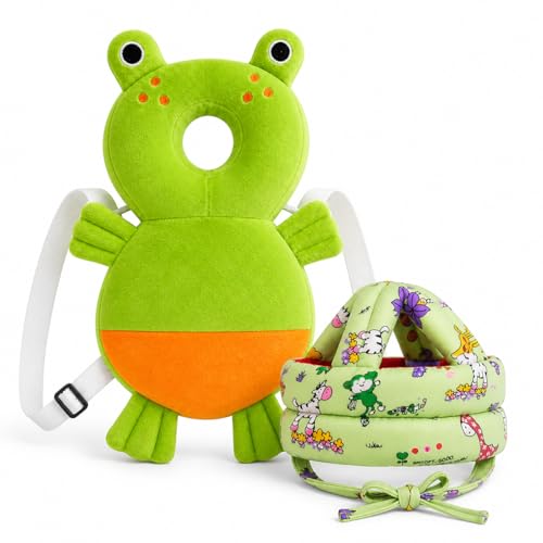 Image of GLUN Baby Back Protector with Head Protective Hat Combo Set, Cute Frog Shape Soft Cushioning, Adjustable Shoulder Belt, Head Protection Gear for 6-18 Month Toddler Kids