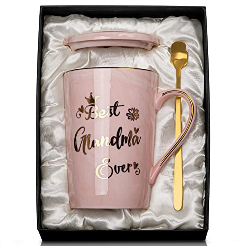 Doublewhale Grandma Gifts for Grandma, Mothers Day Birthday Gift for Grandmother from Granddaughter Grandson - 14Oz Pink Marble Ceramic Coffee Mugs Print with Real Gold - Lid Spoon Card, Box by Doublewhale - Used condition - US$14.97