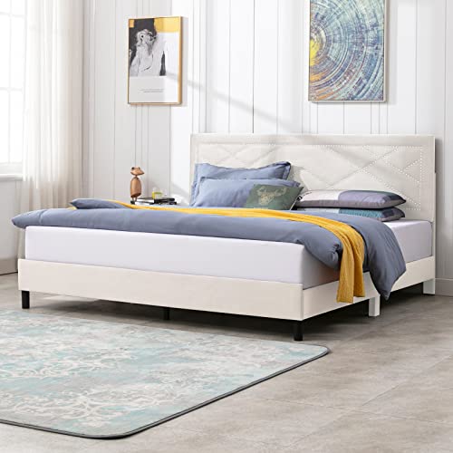 Mjkone Full Size Upholstered Bed Frame, Platform Bed Frame With Comfortable Adjustable Velvet Headboard With Solid Wooden Slat Support, Anti-Slip Foot Mats For Bedroom, Beige #TOP21
