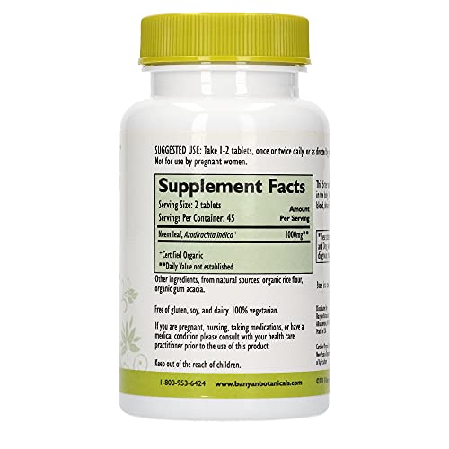 Banyan Botanicals Neem Tablets – Organic Neem Supplement – Azadirachta Indica – For Skin & Healthy Hair, Blood, Lymph, Liver & More* – 90 Tablets – Non-Gmo Sustainably Sourced Vegan #TOP6