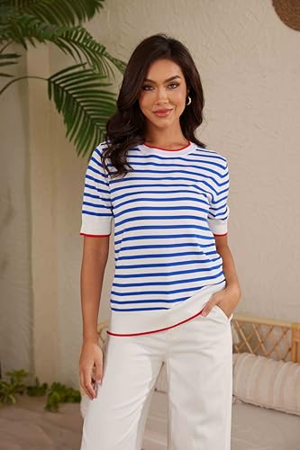 Image of Womens Tops Summer Short Sleeve Shirts Striped Sweater Cute Casual Top Trendy Women Clothing Crewneck Knit Blouses
