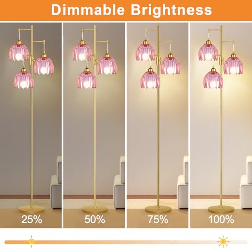 Image of ZECOXOL Gold Floor Lamps for Living Room Vintage Pink Floor Lamp with Glass Lmapshape & Three Led Bulb,Dimmable Mid Century Modern Standing Lamp Tall Tree Flower Floor Lamps for Bedroom,Office,Corner