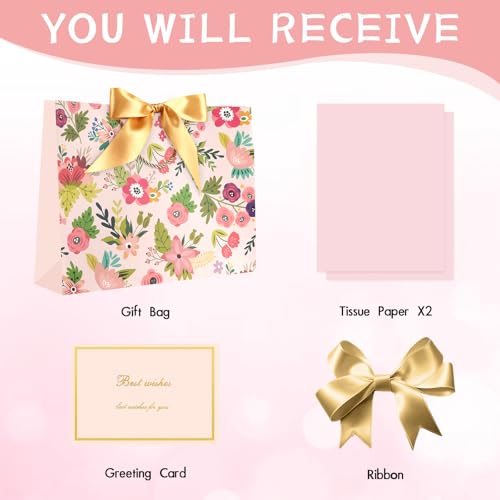 Image of JMANNI Mothers Day Gift Bags with Handles, 13 inch Medium Gift Bag for Presents, 1 Pcs Bags with 2 Tissue Paper and 1 Cards for Baby Shower Wedding Bridal Shower Mother's Day Birthday Party(Pink flowers)