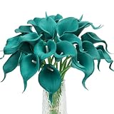 Jdsour 20pcs Artificial Calla Lily Bridal Wedding Bouquet PU Latex Real Touch Flowers for Home Kitchen & Wedding Decorations-Peacock Blue