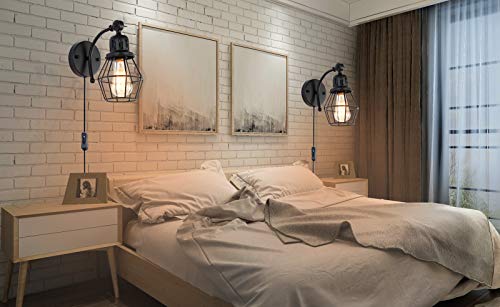Banganma Plug In Wall Sconce Set Of 2, Black Industrial Vintage Cage Wall Light Fixture With On Off Switch，Wall Lamp With Plug In Cord For Bedroom Farmhouse Hallway #TOP7