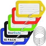 BlueCosto - Luggage Tags - Multicoloured, 10 Pack - Suitcase Tags with Name ID Card & Heavy-Duty Metal Wire Loops - Bright Coloured PVC Identifiers for Travel Baggage - Backpack Name Labels