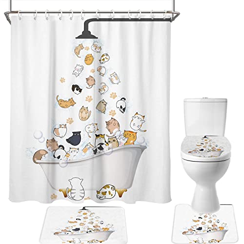Aatter Cute Cat Shower Curtain Sets Kids Funny Cat Child Children Cartoon Animal Pets Bathroom Decor Mat Waterproof Fabric Polyester Accessories With Rug Set 4Pcs (W60''Xh72'') 12 Hooks Included #TOP4