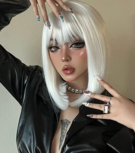 Aisi Beauty White Wig With Bangs Short White Wigs For Women 12 Inch Short Straight White Bob Wig Synthetic Cosplay Wig #TOP2