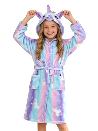 Doctor Unicorn Soft Unicorn Hooded Bathrobe Sleepwear - Unicorn Gifts for Girls Purple Stripe Unicorns 3-4 Years