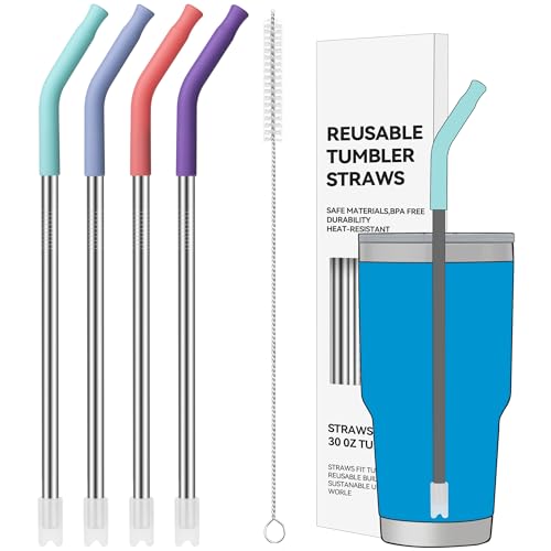 30 oz Straight Stainless Steel Straws with Bent Silicone Tips for YETI