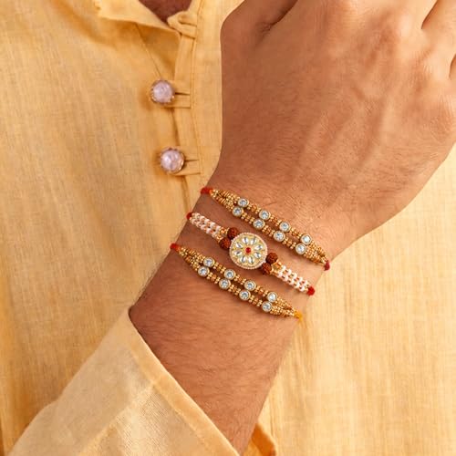 Image of Peora Rakhshabandhan Thread Rakhi for Brother Bhaiya | Crystals & Kundan Studded | Combo, Set of 3 | Rakhi Hamper with Roli Chawal & Greeting Card