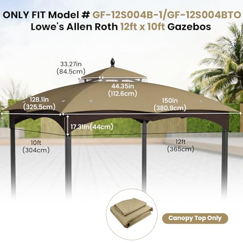 10x12ft Canopy Replacement Top for Lowe\'s Allen Roth Gazebo #GF-12S004B-1, Two Tiered Waterproof Gazebo Cover Roof with 8 Drainage Holes for BBQ Outdoor, Khaki - Thumbnail 2