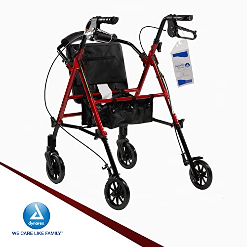 Dynarex Dynago Flex Rollator Is A Foldable, Portable, Stand-Up Rolling Walker With 6” Wheels, Adjustable Seat Height & 300 Pound Weight Capacity, Red Frame, 1 Dynago Flex Rollator #TOP6